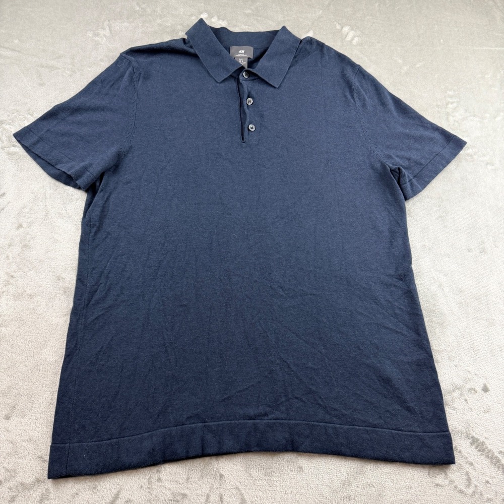 H&M‎ Slim Fit Navy Blue Knit Polo Shirt Men's Large Cotton Viscose Short Sleeve